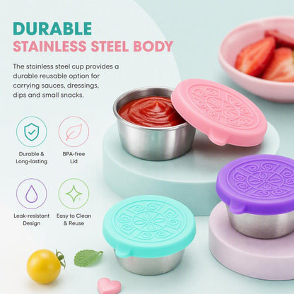 Stainless steel salad dressing takeaway container with Leakproof Silicone Lids（6Pcs）