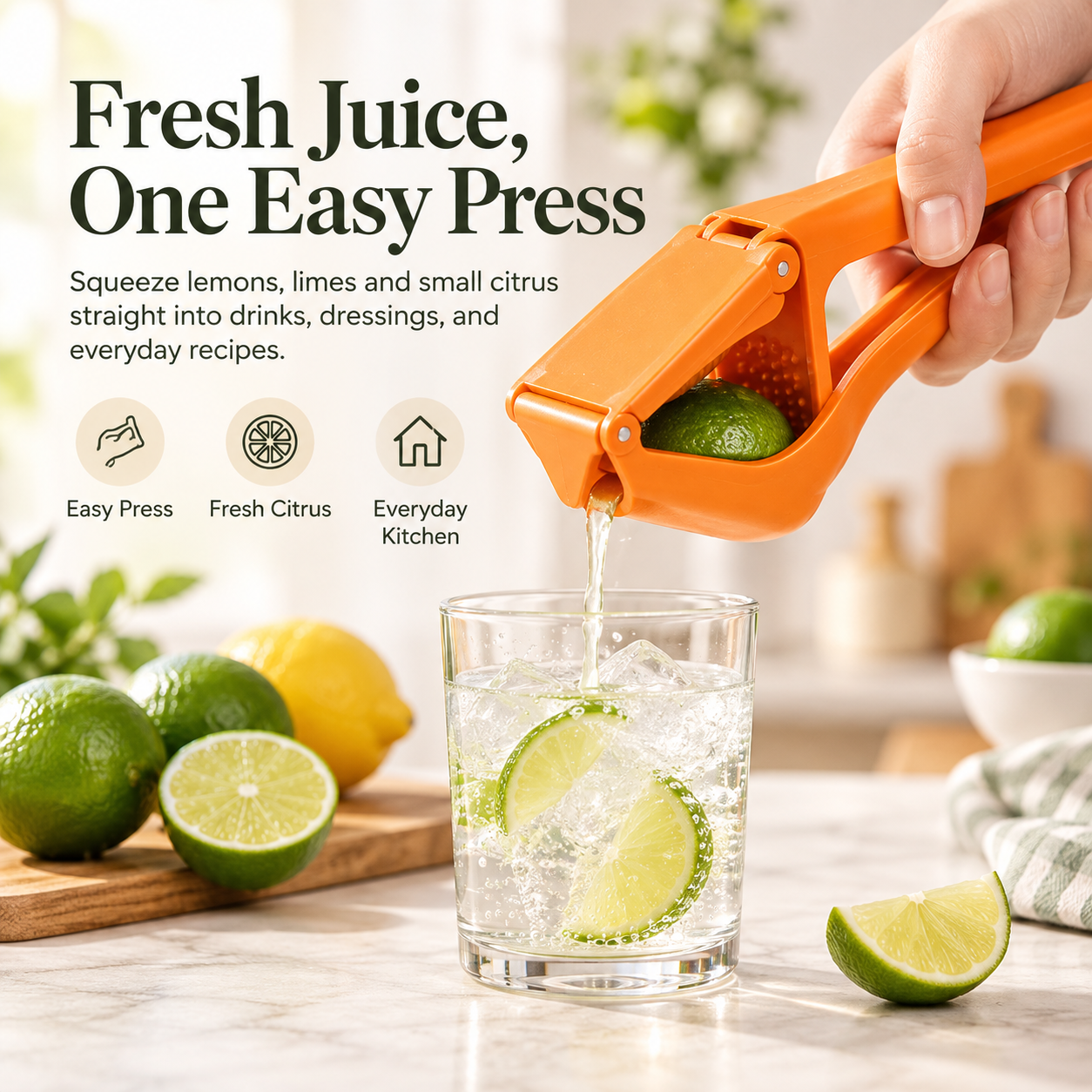 Handheld citrus squeezer pressing fresh lime juice into a glass