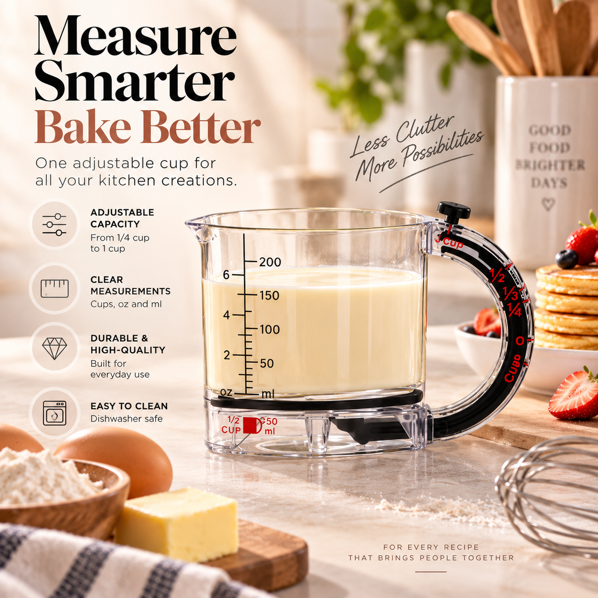 Adjustable measuring cup styled in a warm baking kitchen