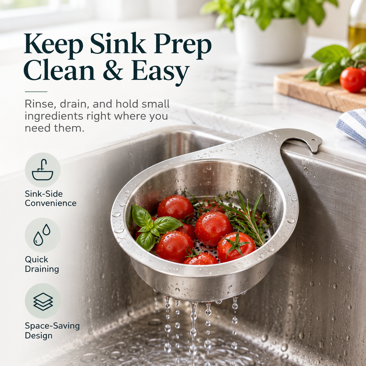 Stainless steel sink-side strainer basket holding freshly rinsed tomatoes