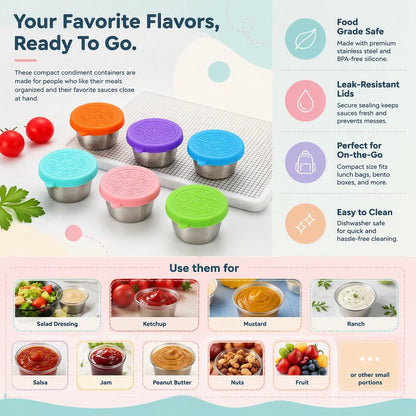 Stainless steel salad dressing takeaway container with Leakproof Silicone Lids（6Pcs）