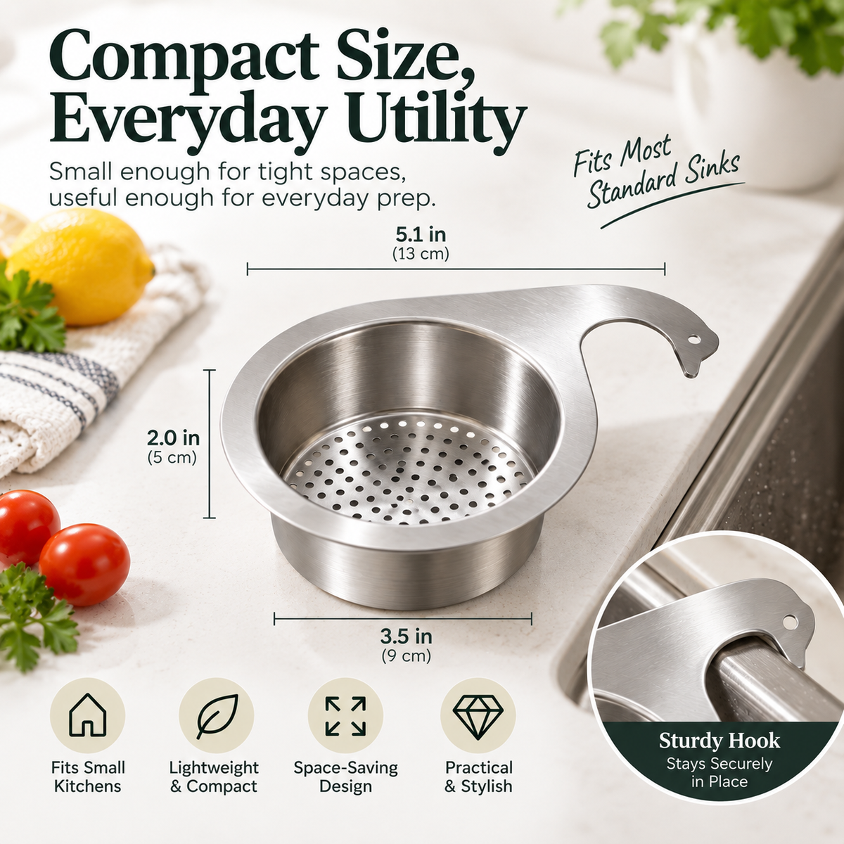 Dimensions and sink hook design of stainless steel sink-side strainer basket