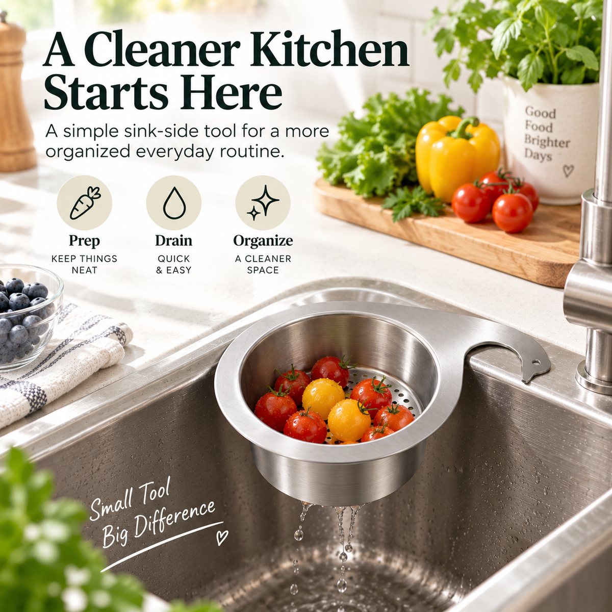 Sink-Side Strainer Basket – Rinse, Drain, Organize