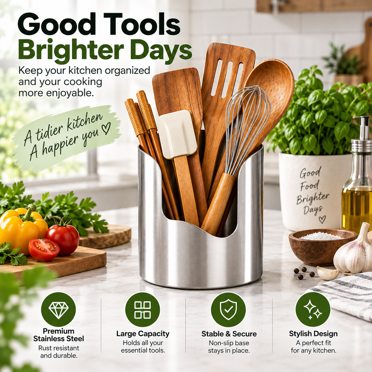 Premium Stainless Steel Utensil Holder for Kitchen Countertop