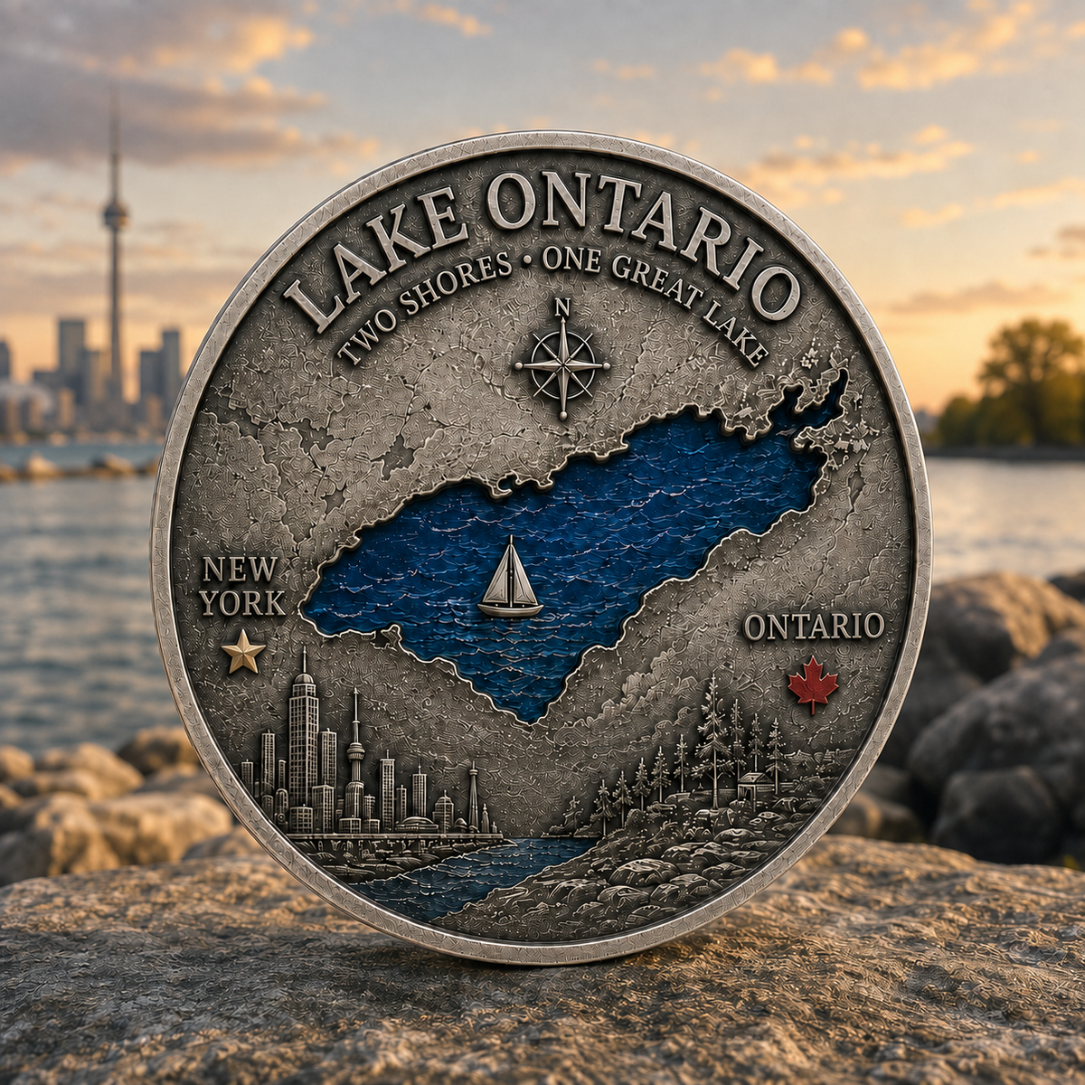 Front close-up with Lake Ontario map and blue accent