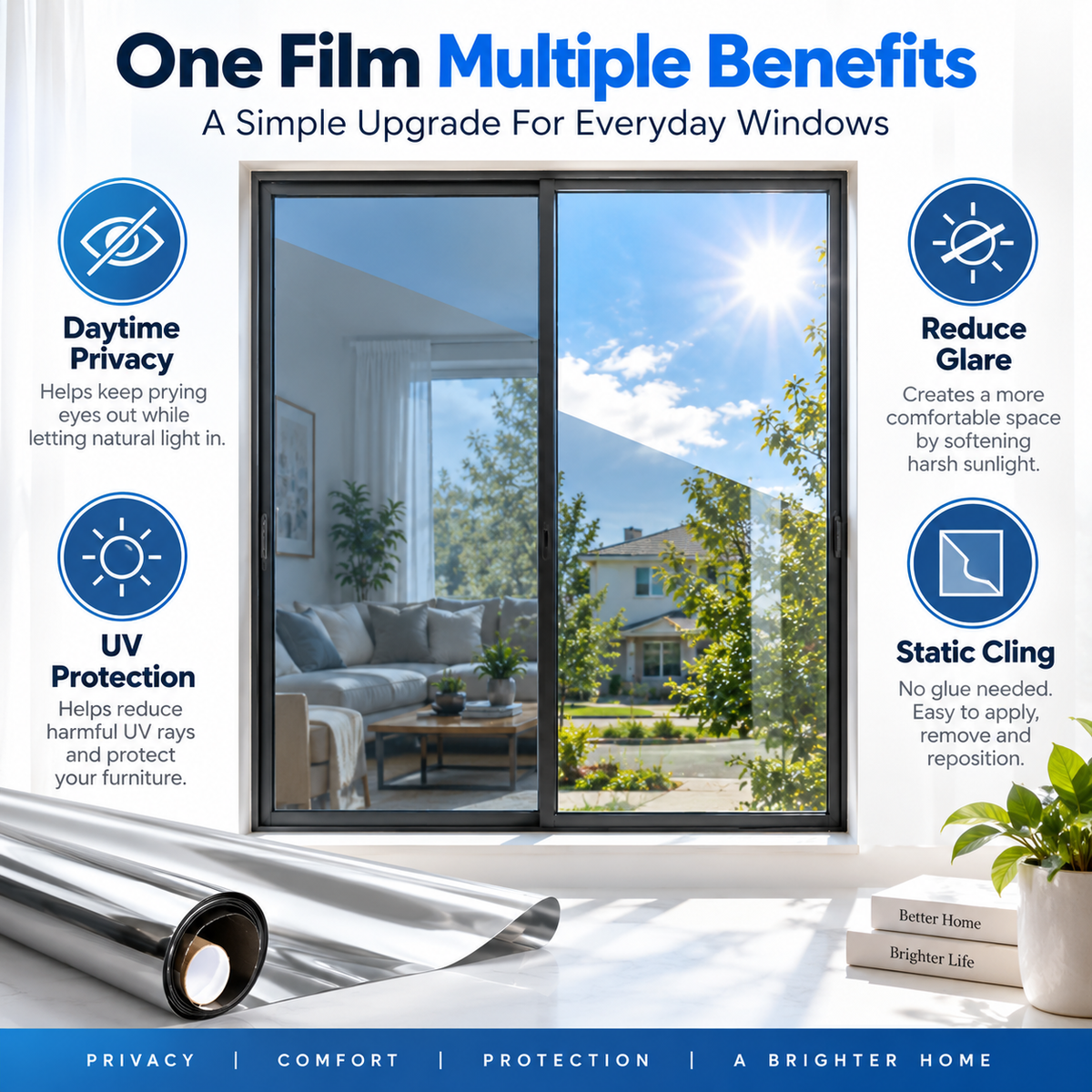 Window film daytime privacy UV protection glare reduction and static cling features