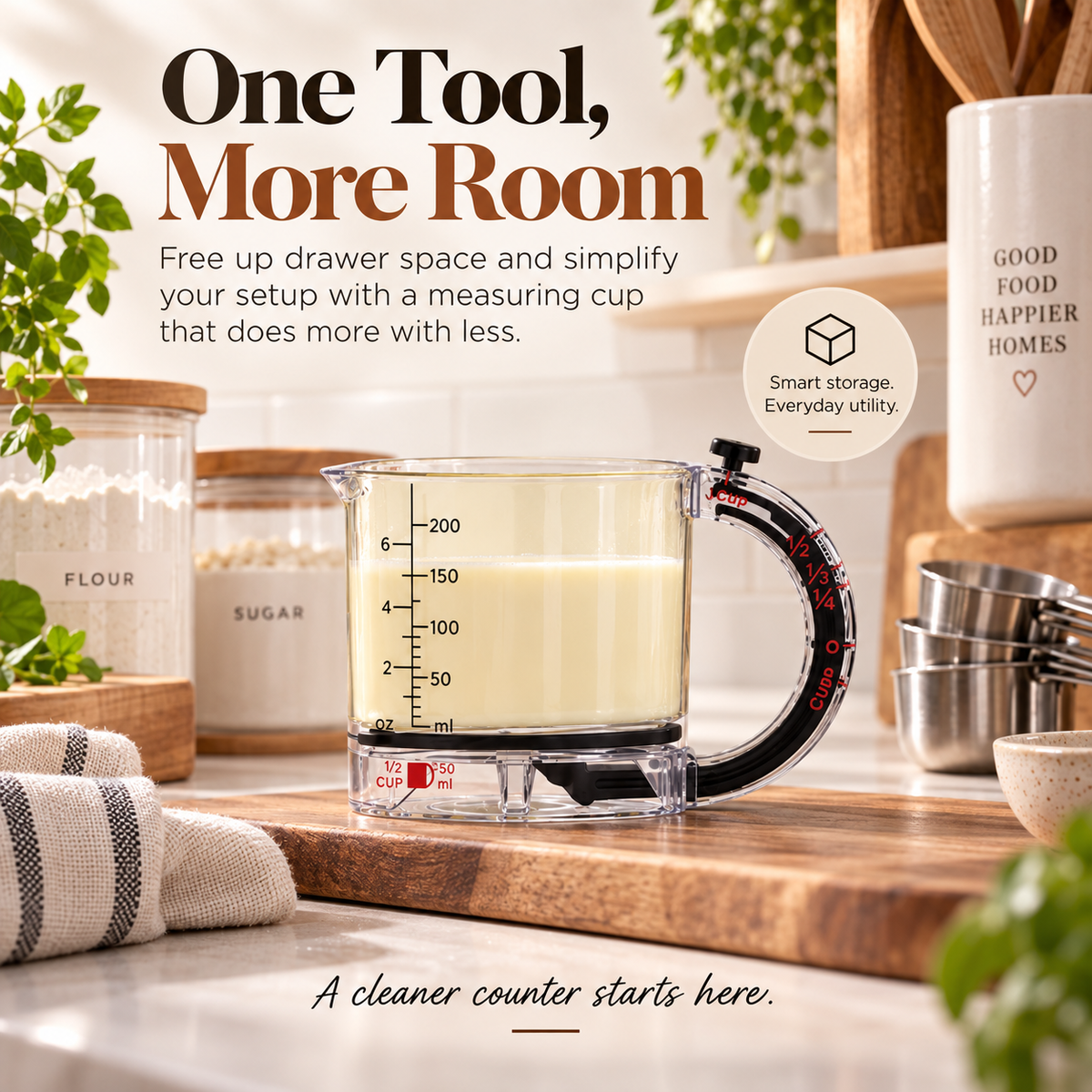 Adjustable measuring cup displayed in an organized kitchen
