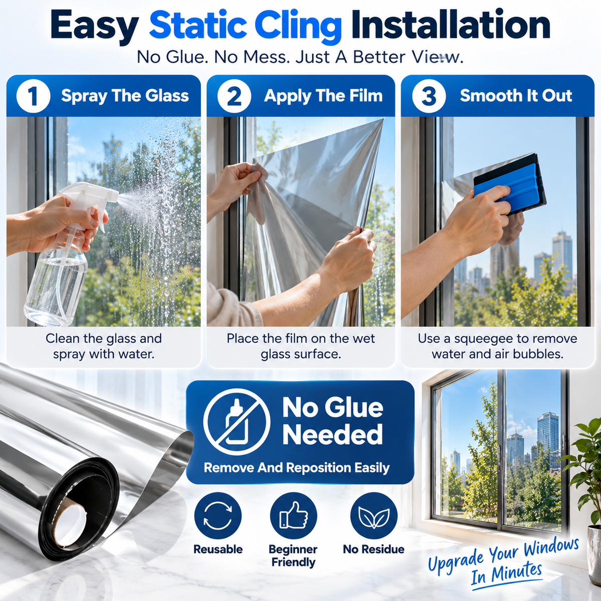 Daytime Privacy Reflective Window Film Static Cling Removable UV Blocking Window Tint