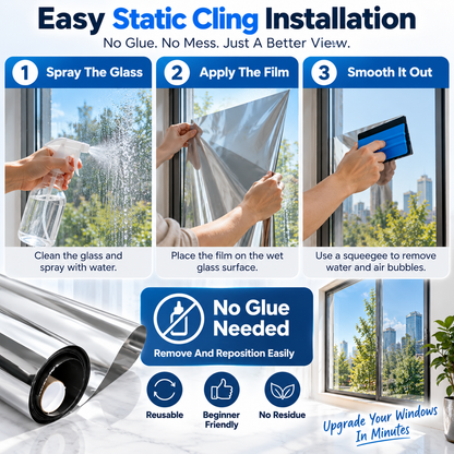 Daytime Privacy Reflective Window Film Static Cling Removable UV Blocking Window Tint