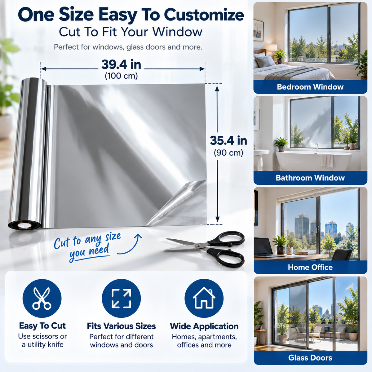 Daytime Privacy Reflective Window Film Static Cling Removable UV Blocking Window Tint