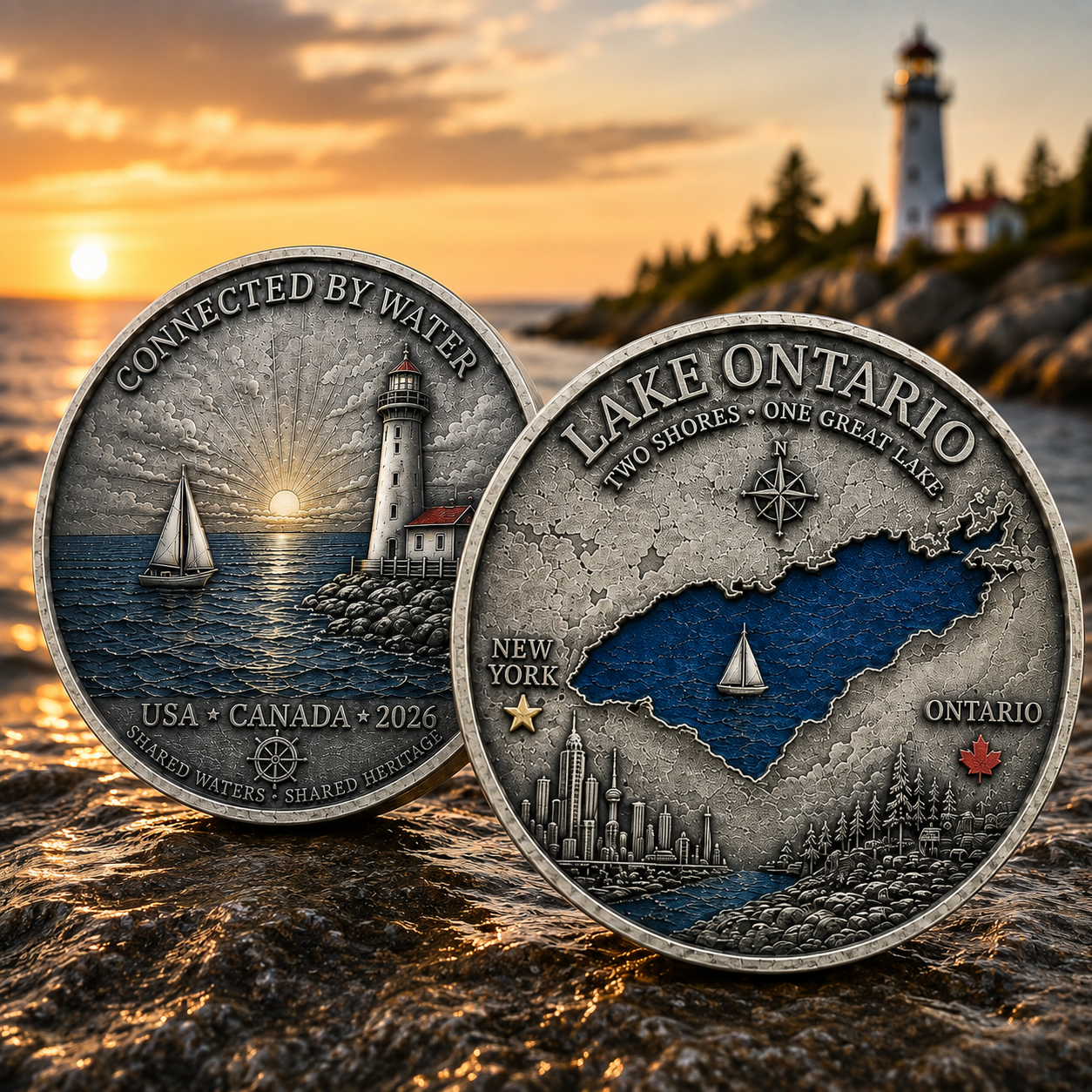 Both sides of the Lake Ontario medallion beside the water