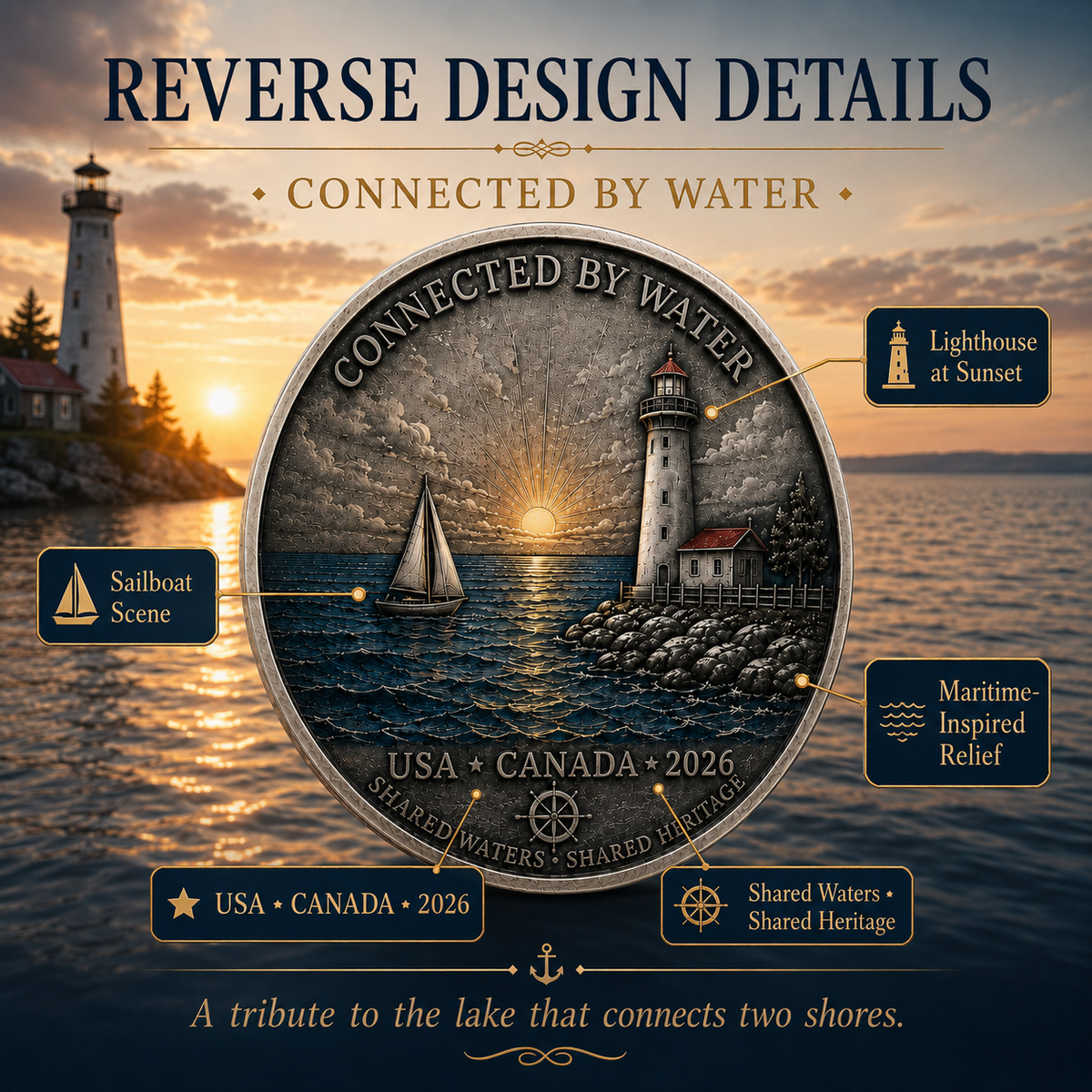 Reverse design details with lighthouse and sailboat